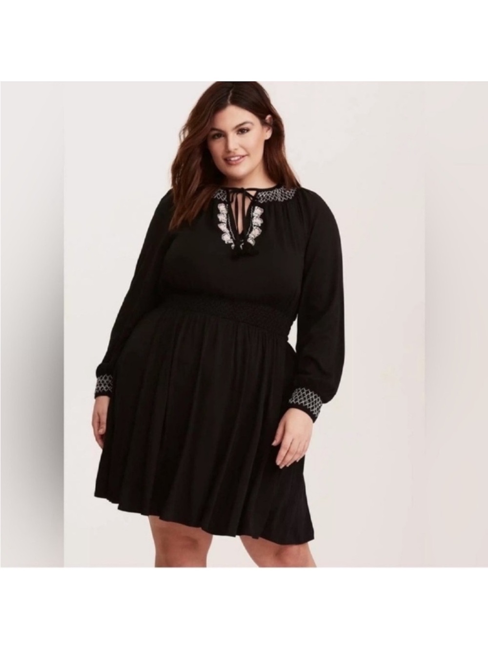 Torrid Boho Embroidered Smock Neck Dress Sz 3X Black White
